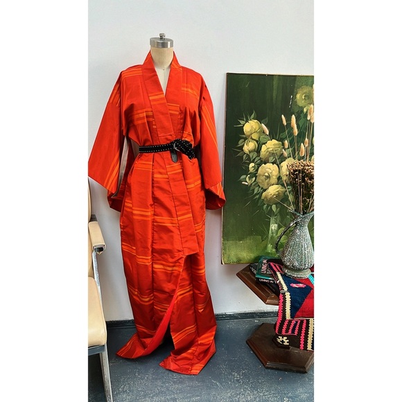 Vintage Silk kimono orange horizontal stripes - Picture 8 of 11